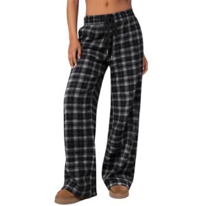 Xaatren Calça feminina xadrez xadrez xadrez reta calça de pijama solta com cordão e bolsos, Preto, branco, P