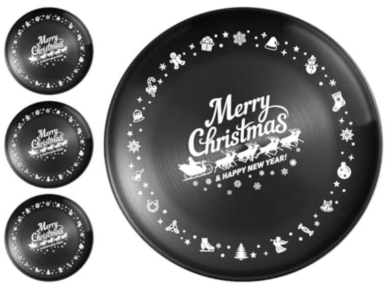 XIAOYU 4 peças de pratos de aço inoxidável de Natal, pratos de jantar redondos de metal, design exclusivo de padrão de Natal, pratos de jantar de grau alimentício de 21 cm para jantar, festa