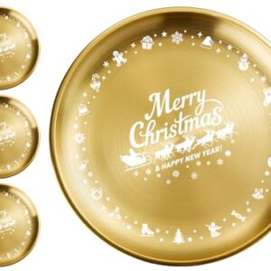XIAOYU 4 peças de pratos de aço inoxidável de Natal, pratos de jantar redondos de metal, design exclusivo de padrão de Natal, pratos de jantar de grau alimentício de 21 cm para jantar, festa