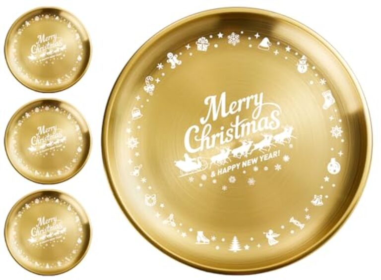 XIAOYU 4 peças de pratos de aço inoxidável de Natal, pratos de jantar redondos de metal, design exclusivo de padrão de Natal, pratos de jantar de grau alimentício de 21 cm para jantar, festa