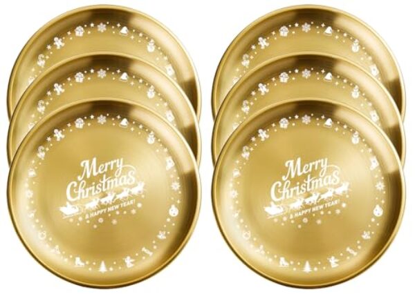 XIAOYU 6 peças de pratos de aço inoxidável de Natal, pratos de jantar redondos de metal, design exclusivo de padrão de Natal, pratos de jantar de grau alimentício de 21 cm para jantar, festa