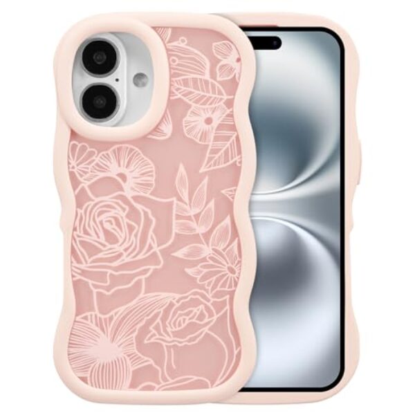 XIZYO Capa para iPhone 16 Plus, linda flor floral ondulada rosa estética, moldura ondulada encaracolada mulheres meninas fosco TPU bumper à prova de choque, rosa fosco
