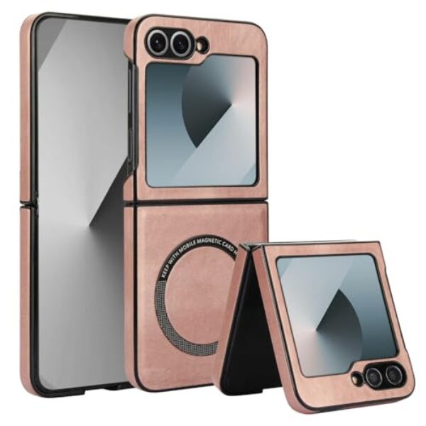XKchatpt Capa magnética para Samsung Galaxy Z Flip 6 suporta carregamento sem fio, capa rígida fina à prova de choque de couro PU para Samsung Galaxy Z Flip 6 (ouro rosa)