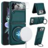 XKchatpt Capa para Samsung Galaxy Z Flip 4, suporte giratório de 360° com protetor de tela, couro PU suporta carregamento sem fio, antichoque, capa antiqueda para Galaxy Z Flip 4 (verde)
