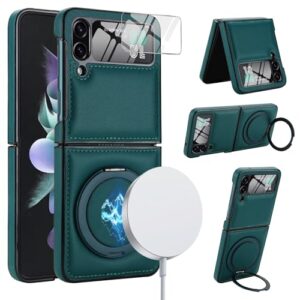 XKchatpt Capa para Samsung Galaxy Z Flip 4, suporte giratório de 360° com protetor de tela, couro PU suporta carregamento sem fio, antichoque, capa antiqueda para Galaxy Z Flip 4 (verde)