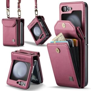 XKchatpt Capa para Samsung Galaxy Z Flip 5, carteira transversal com suporte para cartão com bloqueio RFID, alça de couro PU, capa protetora à prova de choque para Samsung Galaxy Z Flip 5 (rosa)