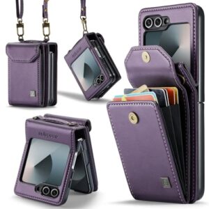 XKchatpt Capa para Samsung Galaxy Z Flip 6, carteira transversal com suporte para cartão com bloqueio de RFID, alça de couro PU, capa protetora à prova de choque para Samsung Galaxy Z Flip 6 (Roxo)