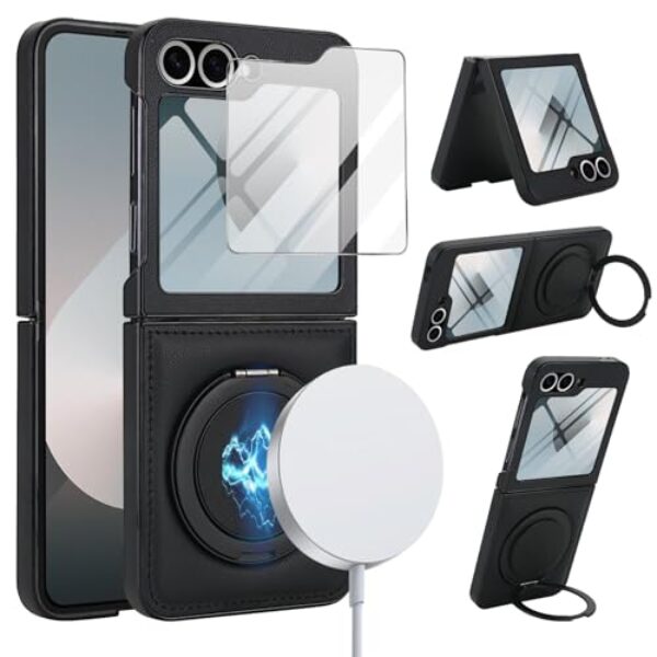XKchatpt Capa para Samsung Galaxy Z Flip 6, suporte giratório de 360° com protetor de tela, couro PU suporta carregamento sem fio, antichoque, capa antiqueda para Galaxy Z Flip 6 (preto)