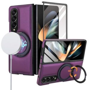 XKchatpt Capa para Samsung Galaxy Z Fold 4, suporte giratório de 360° com protetor de tela, couro PU suporta carregamento sem fio, antichoque, capa antiqueda para Galaxy Z Fold 4 (Borgonha)