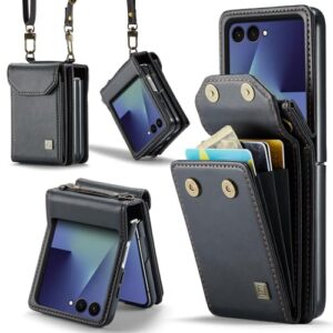 XKchatpt Capa tipo carteira transversal compatível com Samsung Galaxy Z Flip 7, capa flip de couro PU retrô com fecho magnético e suporte para cartão para Samsung Galaxy Z Flip 7 (preto)