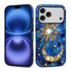 XUANWENPA Capa para iPhone 17 Pro Max, com um design rígido de proteção de duas camadas mistas com padrões brilhantes, vidro estilhaçado espelhado, sol e lua.