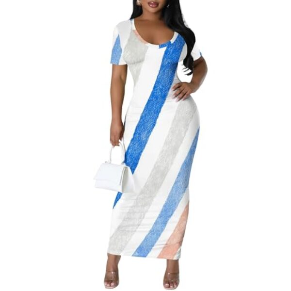 Xvceng Vestido feminino de manga curta e gola redonda, colado ao corpo, cintura longa, justo para férias, Multicolorido (9), XGG