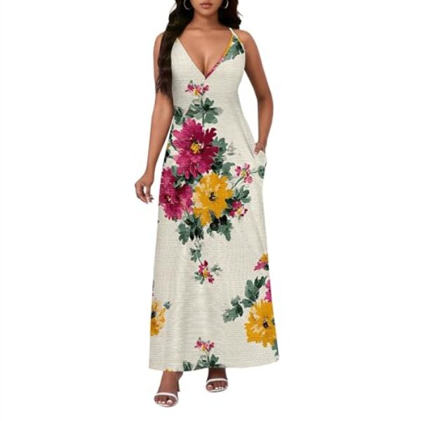 Xvceng Vestido longo de verão 2025, sem mangas, costas nuas, ombros de fora, decote em V, roupas de festa, Multicolorido (7), GG