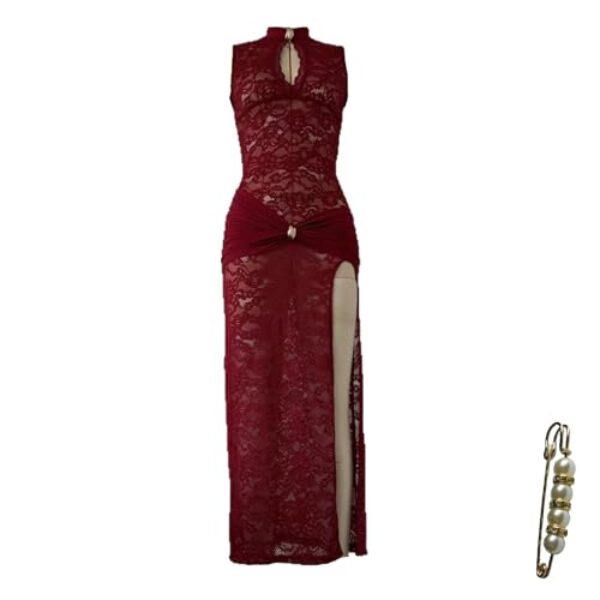 Yazinie Vestido feminino sexy sem mangas de malha floral transparente vazado transparente vestido colado ao corpo para festa meia-noite, Borgonha, XGG