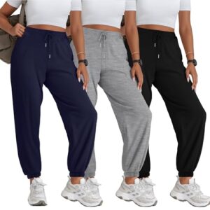 Yearntown Pacote com 3 calças de moletom femininas plus size com cordão de cintura alta folgadas para treino casual com bolsos, Azul marinho, cinza urze claro, preto, GG