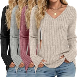 Yearntown Pacote com 4 camisetas femininas para amamentação, gola V, camisetas de manga comprida com zíper oculto, Preto, cinza claro, vermelho, damasco, M