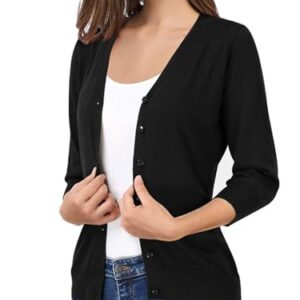 Yesfashion Cardigã feminino casual de manga 3/4 leve com gola V, cardigã de malha macia, Preto, P