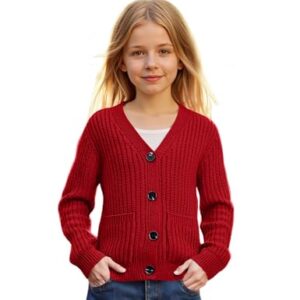 Yesfashion Cardigã feminino de manga comprida com botões e gola V e bolsos, Vermelho, 7-8 Anos