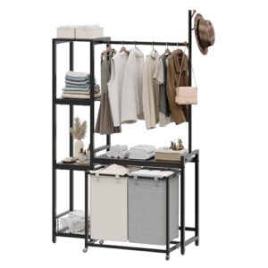 Yifeel Cesto de lavanderia, cesto de roupa 2 seções com prateleira, suporte para roupas com classificador de roupas, 2 sacos removíveis de 30 litros sobre rodas, preto JLH004B