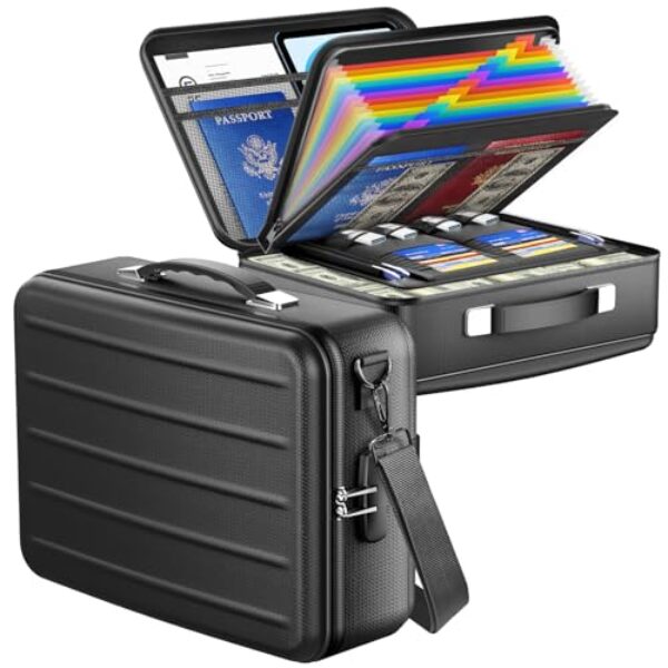 YIMIKOL Caixa de documentos à prova de fogo com trava e alça de ombro, organizador de arquivos para documentos importantes, certificados e passaportes de laptop, armazenamento seguro portátil para