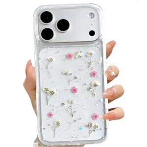 Ykybhx Capa com flor seca transparente brilhante com glitter compatível com iPhone 17 Pro, flor prensada real seca fofa TPU e PC à prova de choque para meninas mulheres capa de telefone de borracha