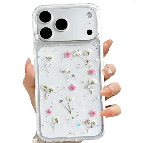 Ykybhx Capa com flor seca transparente brilhante com glitter compatível com iPhone 17 Pro, flor prensada real seca fofa TPU e PC à prova de choque para meninas mulheres capa de telefone de borracha