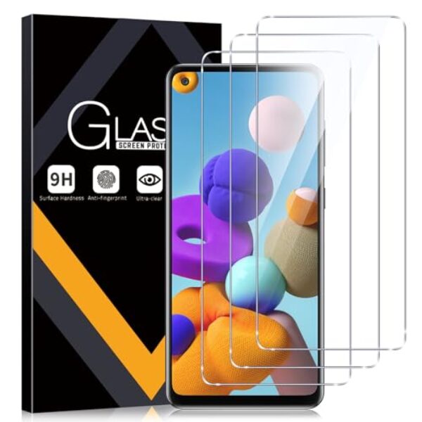 YMO Pacote com 3 protetores de tela para Samsung Galaxy A21s 4G, película protetora transparente HD de vidro temperado 9H, fácil de instalar, sem bolhas, leitor de impressão digital e compatível com