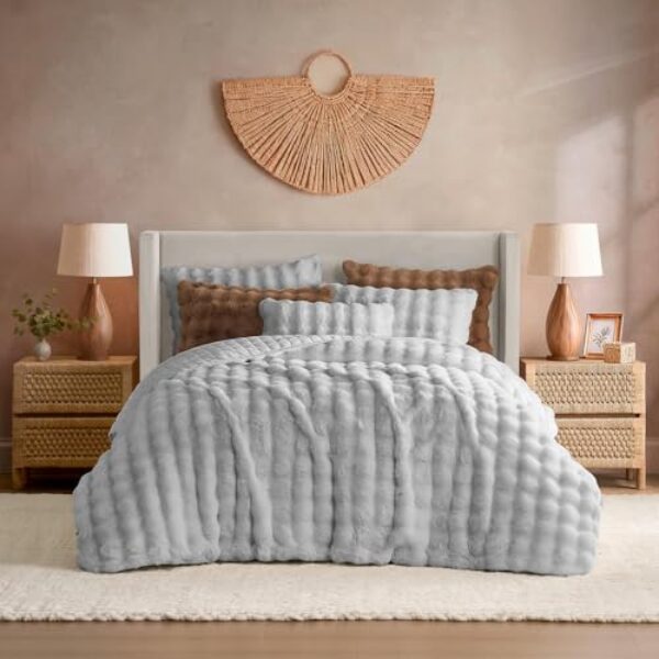 YnM Cobertor pesado ultramacio, cobertor de cama pesado fofo com bolhas, edredom grande de pele sintética de pelúcia, peça de decoração de casa macia e quente (cinza claro, 224 x 223 cm, 9 kg, casal