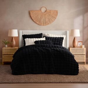 YnM Cobertor pesado ultramacio, cobertor de cama pesado fofo com bolhas, edredom grande de pele sintética de pelúcia, peça de decoração de casa macia e quente (preto, 224 x 232 cm, 11 kg, casal/Queen)