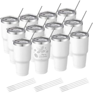 YOUKE OLA Pacote com 12 copos isolados revestidos em pó de aço inoxidável parede dupla copo de café para viagem com tampa e canudo para gravação a laser DIY presente 850 g branco