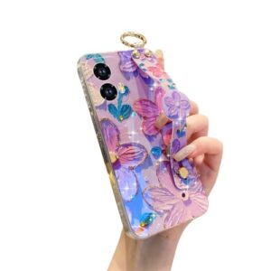 YOUWUMA Capa protetora à prova de choque para Motorola Moto G 5G 2024 com alça de pulso fofa com glitter (flor roxa)