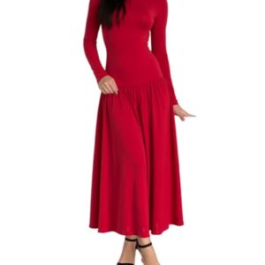YOXUA Vestido maxi longo de manga comprida patchwork evasê outono inverno praia vestido longo, Vermelho, P
