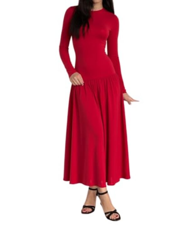 YOXUA Vestido maxi longo de manga comprida patchwork evasê outono inverno praia vestido longo, Vermelho, P