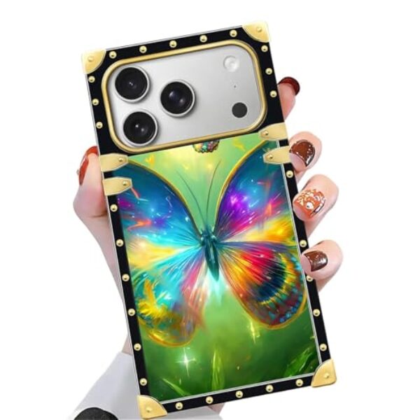 Yuning419 Capa compatível com iPhone 17 Pro Max, TPU macio de luxo e parte traseira rígida de policarbonato para meninas e mulheres, capa protetora à prova de choque para iPhone 17 Pro Max, borboleta