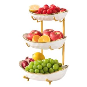 YYW Tigela de frutas de 3 camadas para balcão de cozinha, suporte de frutas de cerâmica prata ouro branco para bancada, rack de frutas domésticas com suporte de metal, lanches de legumes, nozes