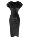 ZAFUL Vestido feminino sexy com decote em V e manga com babados, vestido de coquetel de veludo franzido colado ao corpo, vestido semiformal, Preto, GG