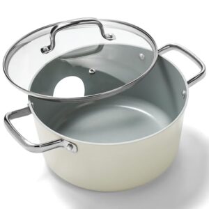 Zalnuuk Panela antiaderente de cerâmica de 5 litros com tampa, panela de sopa, panela antiaderente fácil de limpar, sem PFOA PFAS PTFE, branca