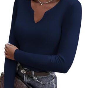 Zeagoo Camisetas femininas de manga comprida gola V malha canelada slim fit casual stretch camiseta básica para sair, moda outono 2025, Azul marinho, GG