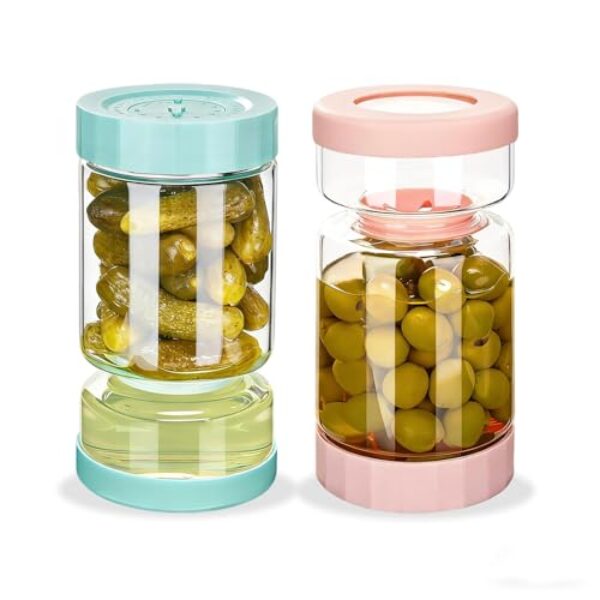 ZENS Pote de picles com tampa de filtro, recipiente separador de suco de pickle ampulheta de 1,048 g, tampa hermética à prova de vazamento, design duplo de secagem úmida, tampa de rastreador de tempo