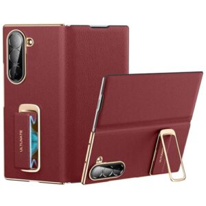 zifiuzem Capa para Samsung Galaxy Z Fold 6 com couro de luxo de alta classe, suporte multiângulo com alça magnética, proteção total à prova de quedas, capa magnética de couro fino, vermelha