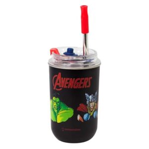 Zonacriativa – Copo Neo com Canudo Vingadores Marvel 300ml em Aço Inoxidável e Plástico | Tampa com Vedação por Pressão | Canudo de Inox com Protetor de Silicone