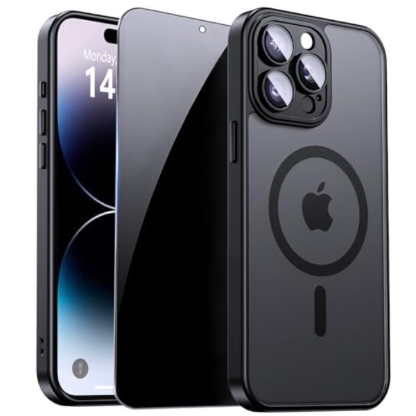 ZOZDOKG Capa para iPhone 14 Pro Max com protetor de tela de privacidade para câmera [apto para MagSafe] Capa magnética translúcida fosca à prova de choque para iPhone 14 ProMax, preta