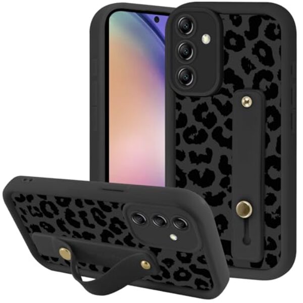 Zrutru Capa de telefone estética com estampa de oncinha preta com estampa de guepardo para Samsung Galaxy A54 5G com alça de pulso ajustável e flexível com suporte para o dedo e proteção à prova de