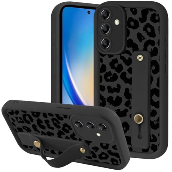Zrutru Capa de telefone estética preta com estampa de guepardo de leopardo para Samsung Galaxy A35 5G com alça de pulso ajustável flexível para dedo e mão com suporte para proteção à prova de choque