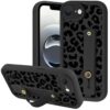 Zrutru Capa de telefone estética preta com estampa de leopardo para iPhone 16e com alça de pulso macia ajustável e flexível com suporte de silicone à prova de choque Funda para iPhone 16e de 6,1