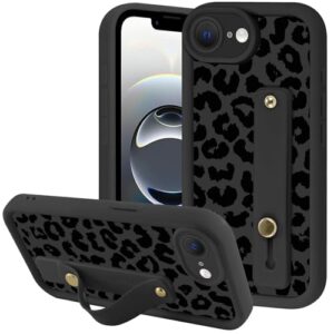 Zrutru Capa de telefone estética preta com estampa de leopardo para iPhone 16e com alça de pulso macia ajustável e flexível com suporte de silicone à prova de choque Funda para iPhone 16e de 6,1