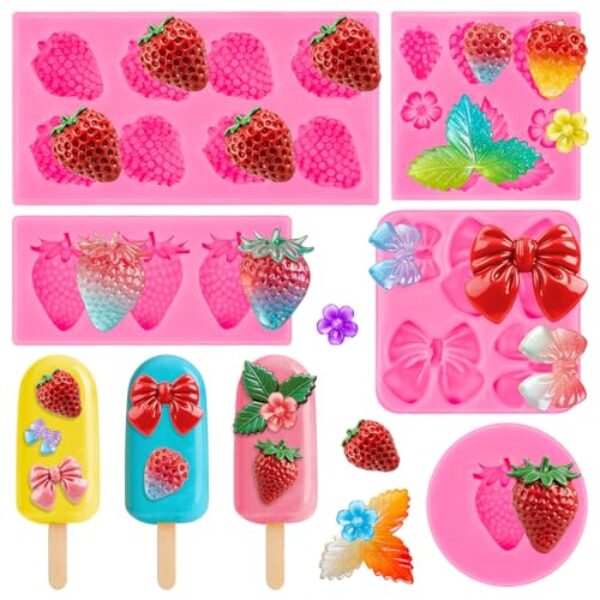 5 peças de moldes de morango, molde de fondant de morango de silicone, arco 3D, forma de fruta, formas de bolo, faça você mesmo, para fazer geleia, argila, chocolate, doce, cupcake, sorvete, vela