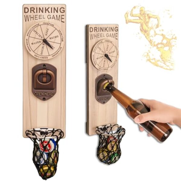 Abridores de garrafa magnéticos com coletor, abridor de garrafa de cerveja de madeira montado na parede com roleta de jogo, saca-rolhas sem rastros, acessórios de bar para cozinha, ao ar livre