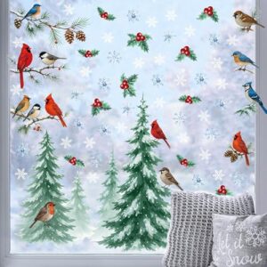 Adesivos adesivos para janela de Natal, 2 folhas de árvore de Natal, adesivos de janelas para festa de inverno com pássaro, visco, pinha, floco de neve, design para casa, escritório, janelas, espelho
