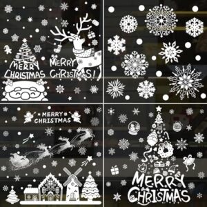 Adesivos de janela de Natal com 4 folhas de adesivos fofos para janelas de Natal para festa de inverno com desenhos de rena de Papai Noel de floco de neve para decoração de espelho de vidro de janelas